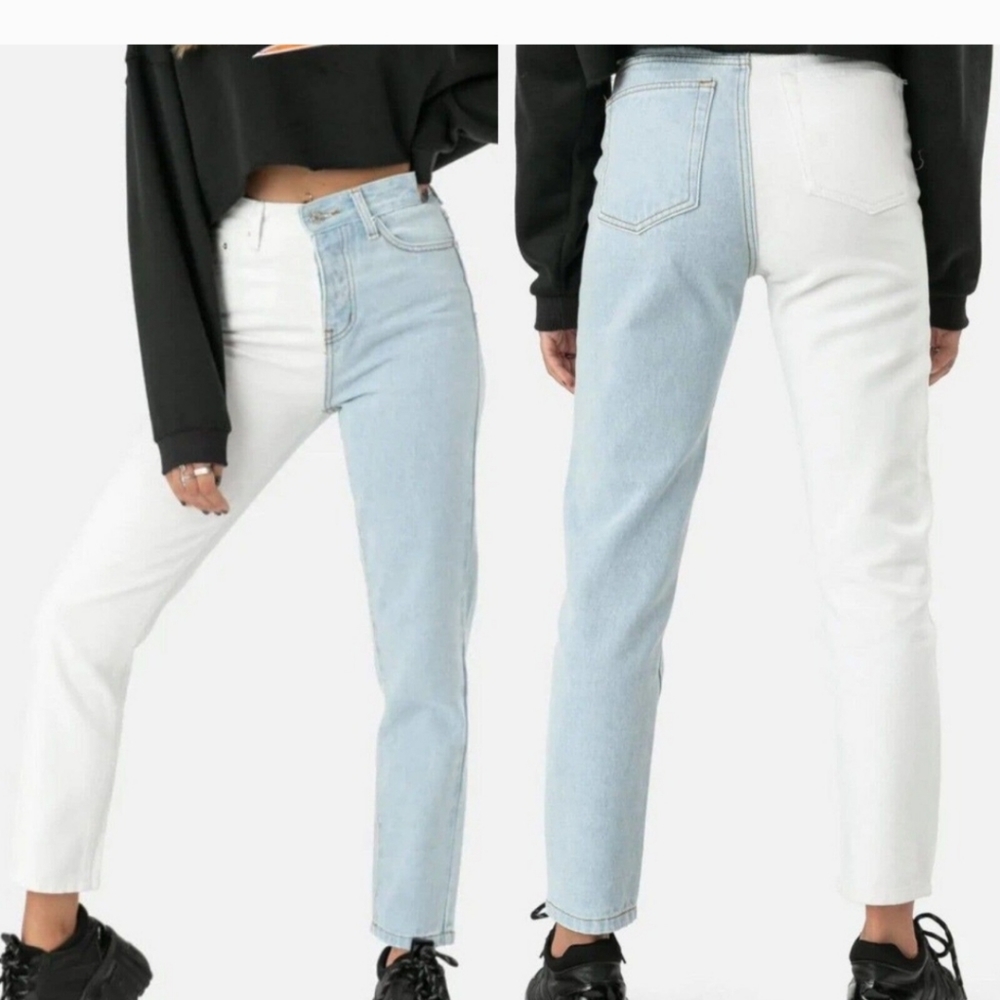Adika Two-Tone High Rise Jeans in Light Blue and White
